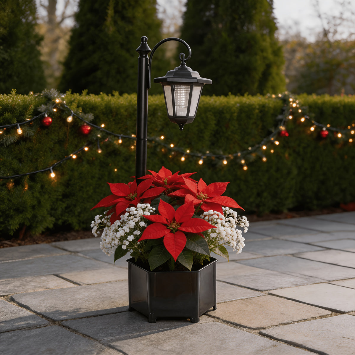 Lampadaire solaire 85 cm à jardinière hexagonale et lanterne suspendue