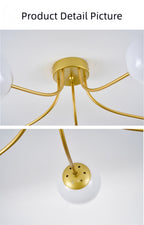 Plafonnier 5 globes en verre opalin, bras doré ou noir, 78 cm