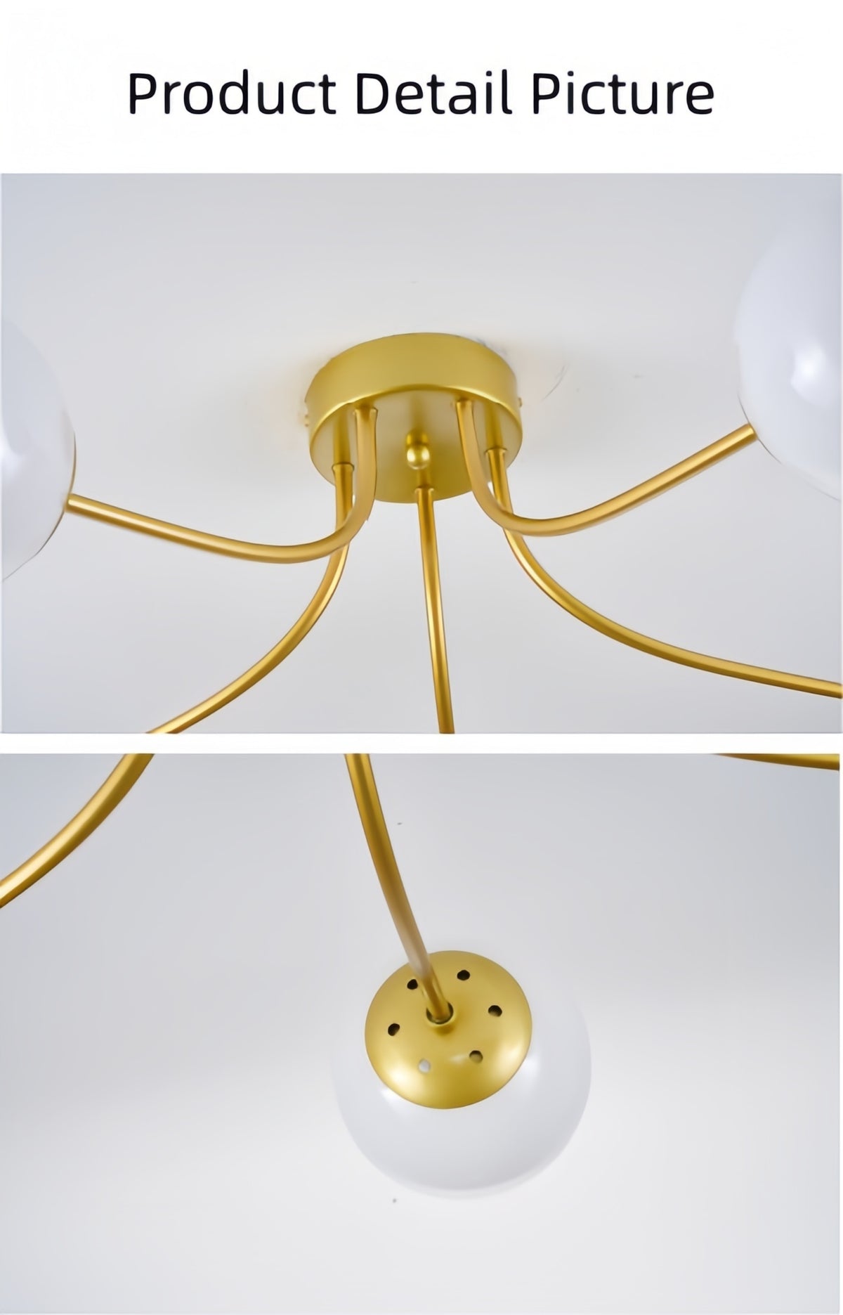 Plafonnier 5 globes en verre opalin, bras doré ou noir, 78 cm