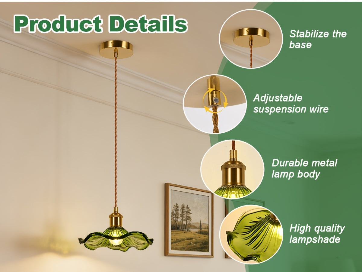 Suspension en verre vert feuille de lotus, douille dorée E27