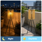 Lampadaire solaire trépied 78 cm, lanterne tressée effet rotin