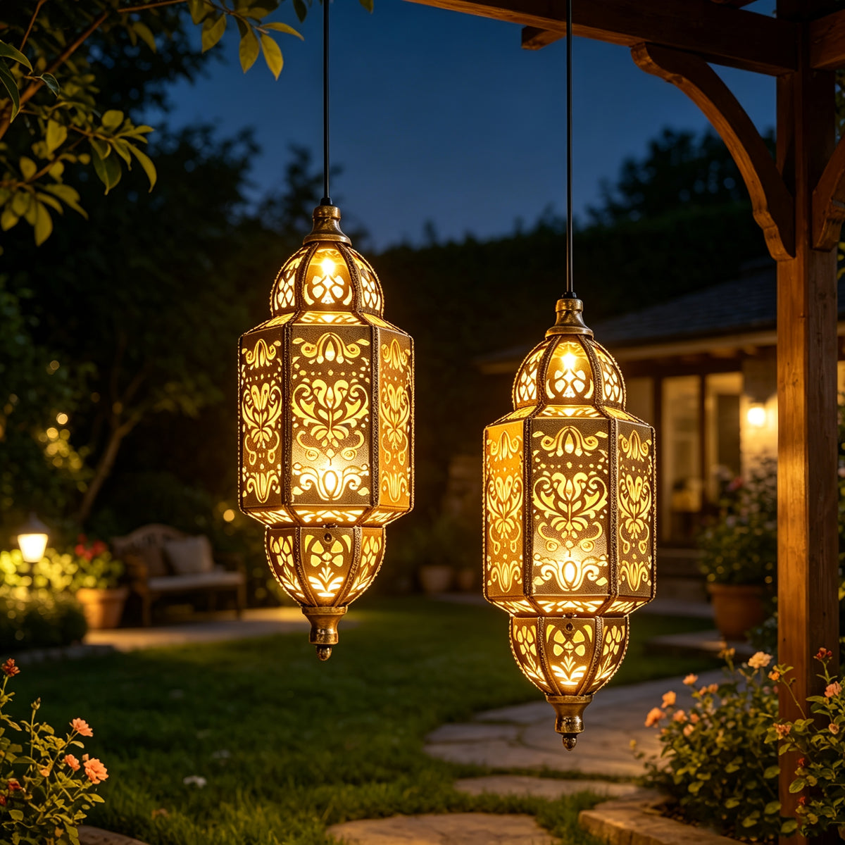 Lanterne solaire marocaine dorée à suspendre en métal, lot de 2