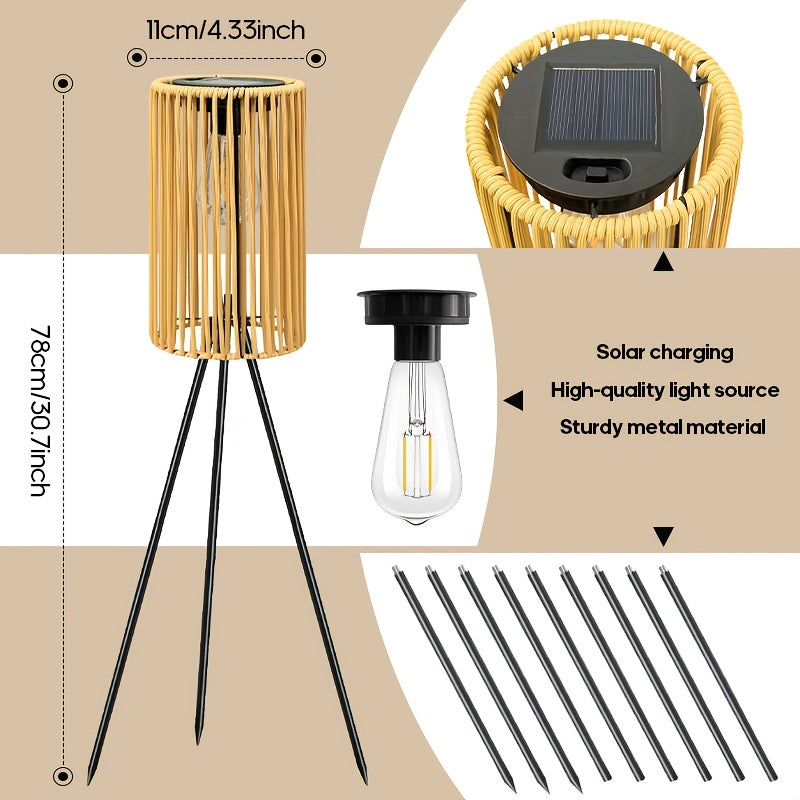 Lampadaire solaire d'extérieur sur trépied, lanterne tressée 78 cm