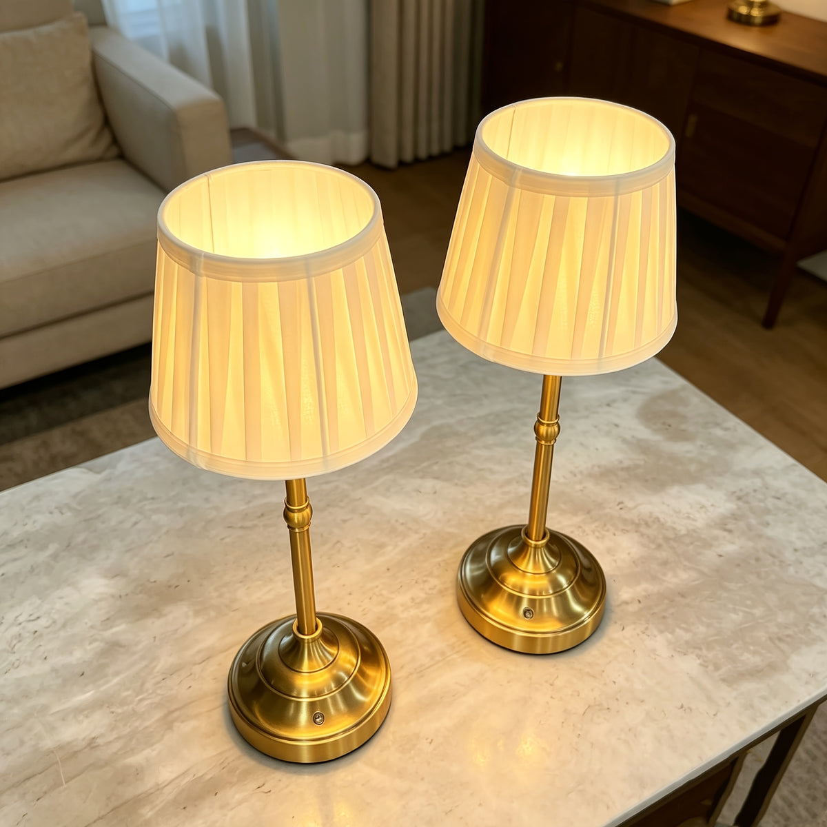 Lot de 2 lampes de chevet sans fil, abat-jour plissé crème