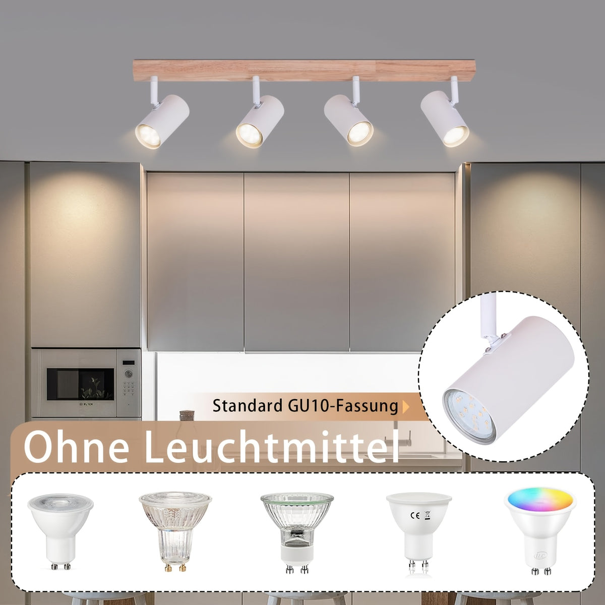 Plafonnier 4 spots GU10 orientables, spots blancs sur barre en bois