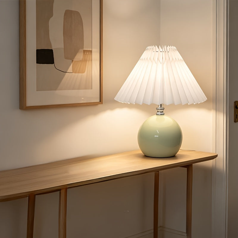 Lampe de chevet boule vert pâle, abat-jour plissé blanc, USB