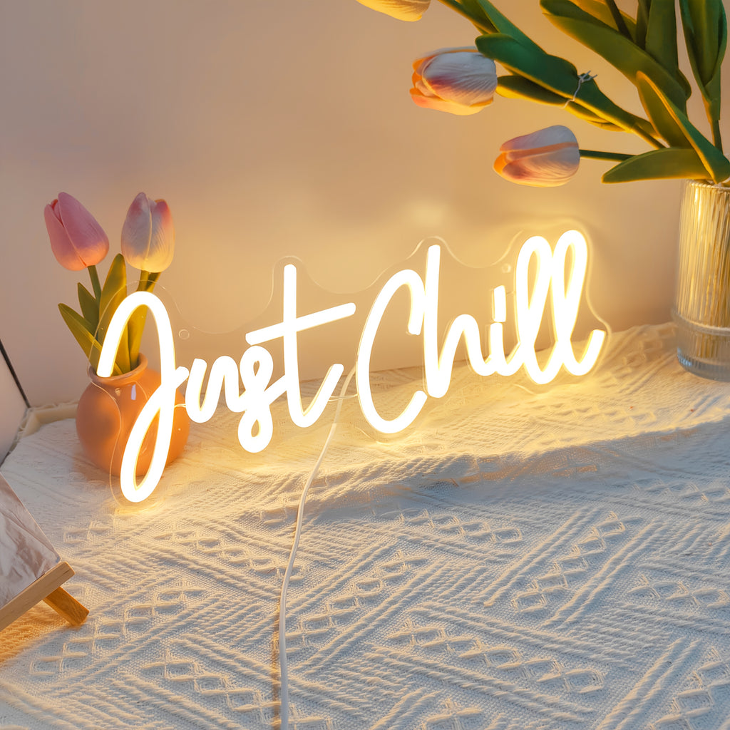 Enseigne néon LED « Just Chill » blanc chaud en cursive, 35,5 cm