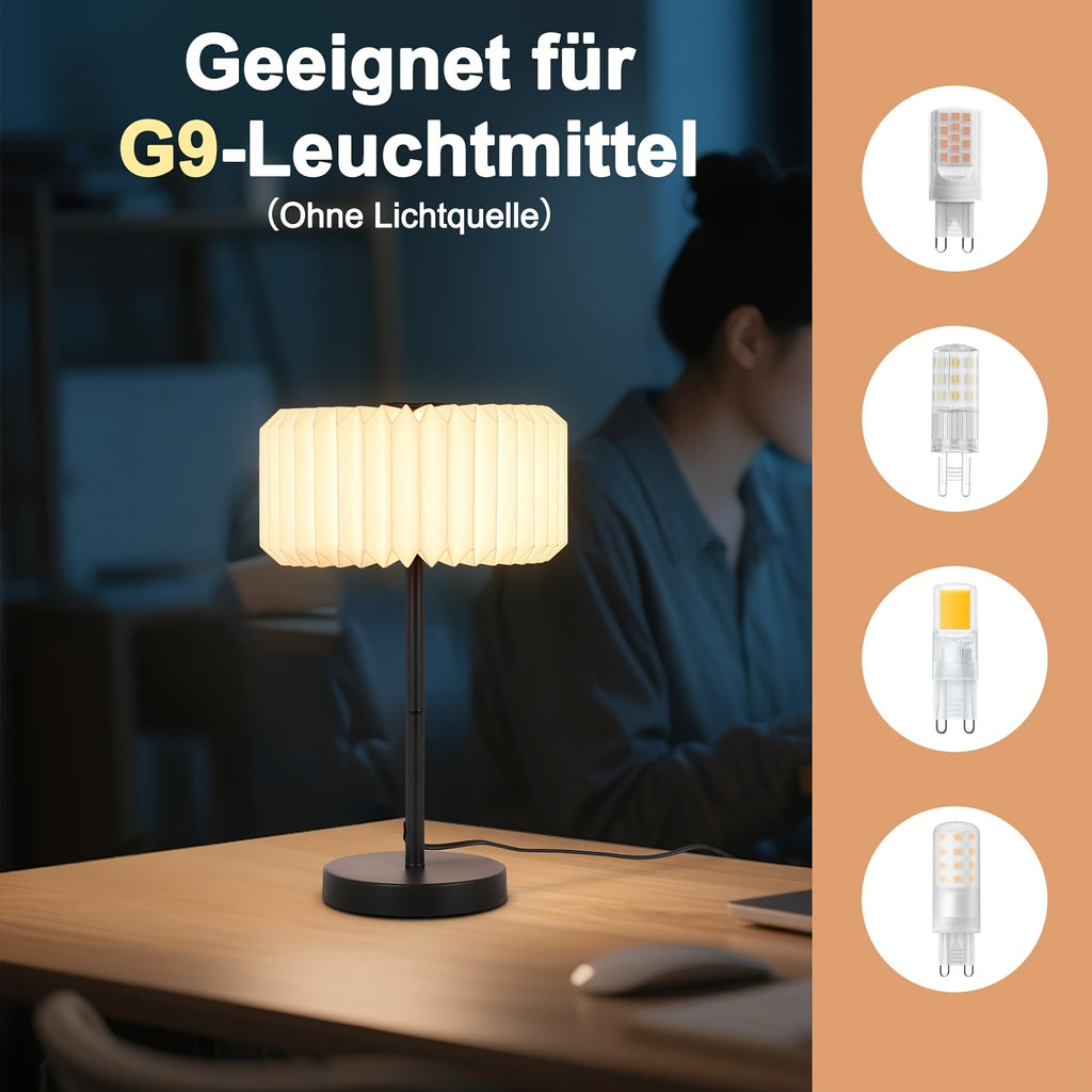 Lampe de chevet abat-jour plissé en papier blanc, pied noir G9