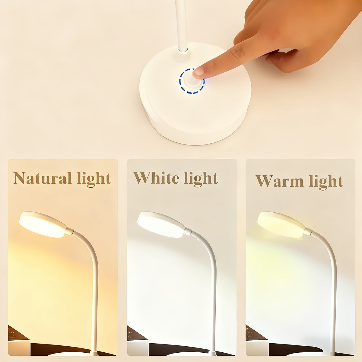 Lampe de bureau LED rechargeable à col flexible, tête ronde blanche