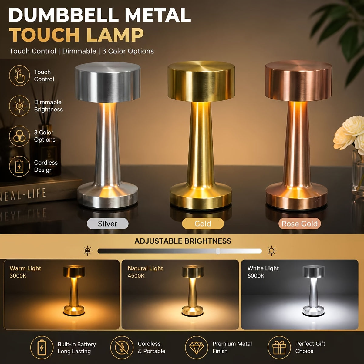 Lampe de bureau sans fil compacte en métal, tête Ø 9 cm tactile