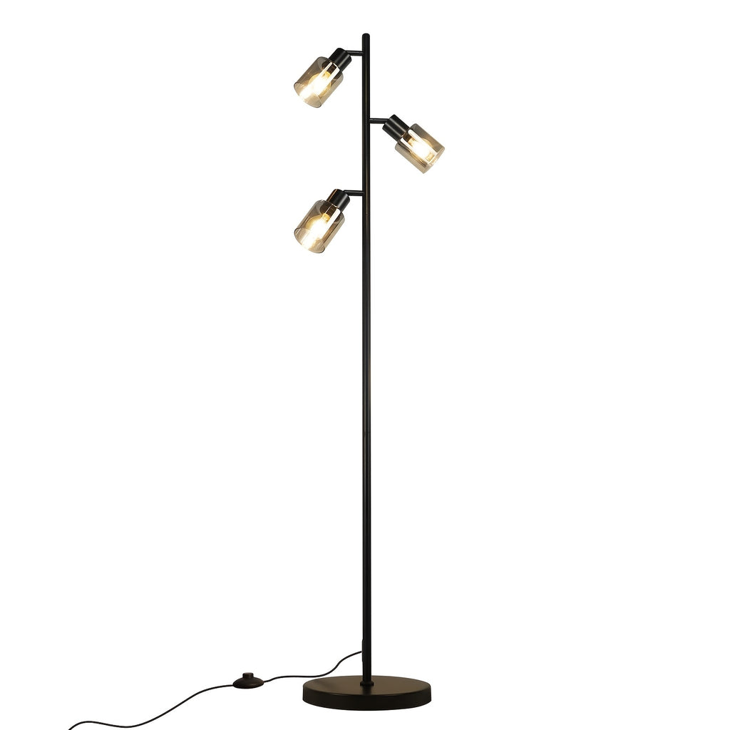 Lampadaire noir à trois spots en verre fumé orientables, 138 cm