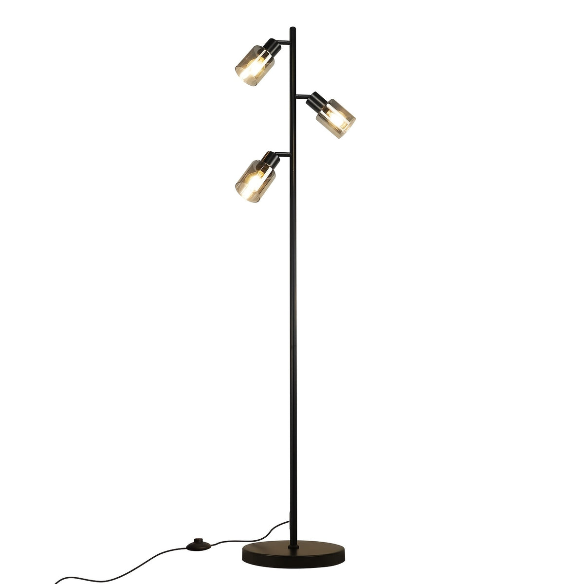 Lampadaire noir à trois spots en verre fumé orientables, 138 cm