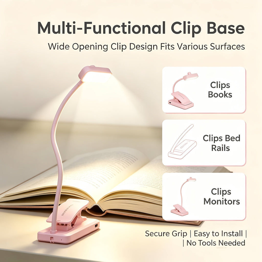 Lampe de lecture à pince rose pliable, col silicone, recharge USB