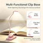 Lampe de lecture à pince rose pliable, col silicone, recharge USB