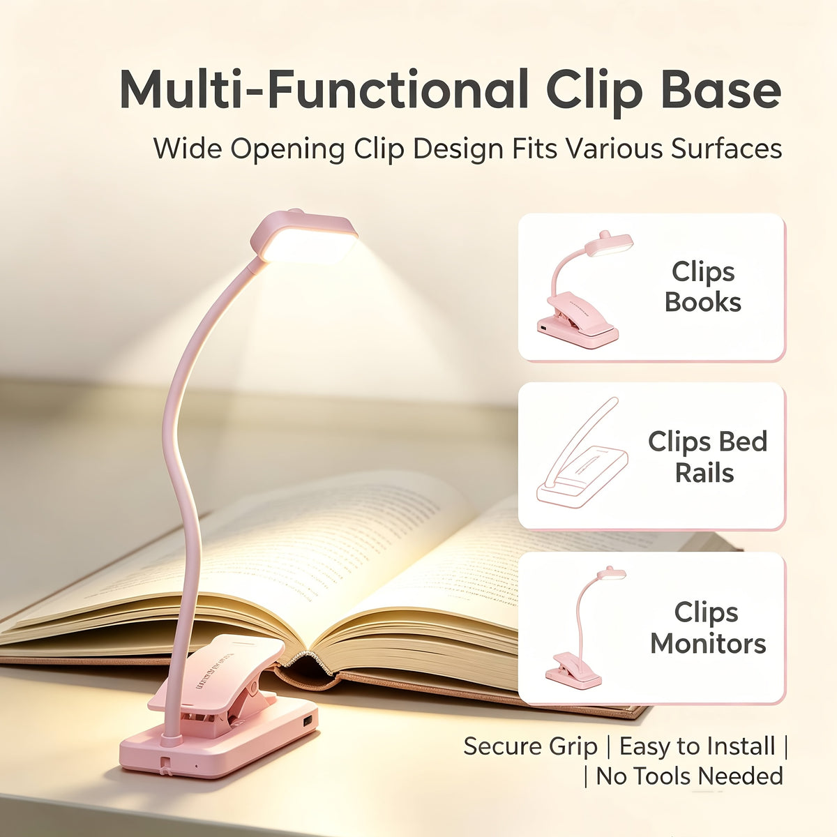 Lampe de lecture à pince rose pliable, col silicone, recharge USB