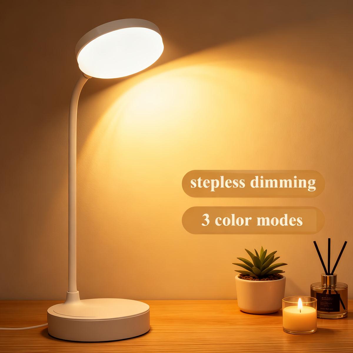 Lampe de bureau LED rechargeable à col flexible, tête ronde blanche