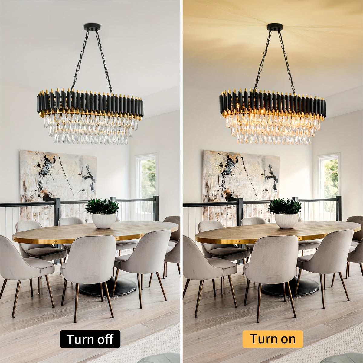 Lustre ovale noir et doré à cascade de cristal, 8 lumières E14