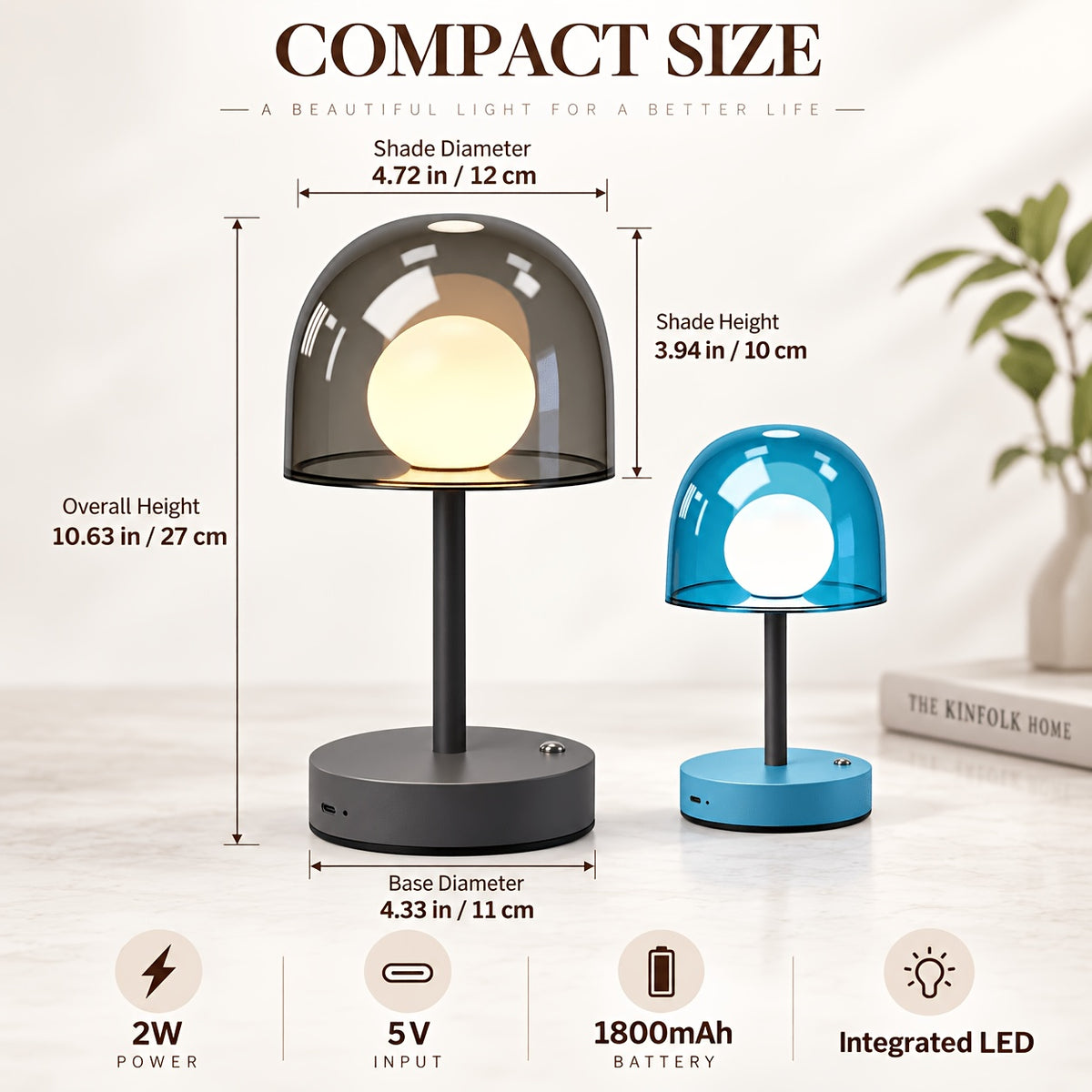 Lampe champignon sans fil à dôme gris ou bleu, 3000 à 6500K