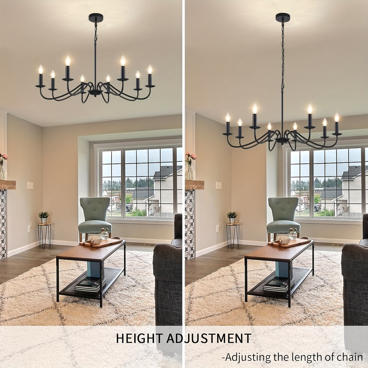 Lustre noir à 8 bougies E14 en fer, Ø 78 cm, chaîne réglable