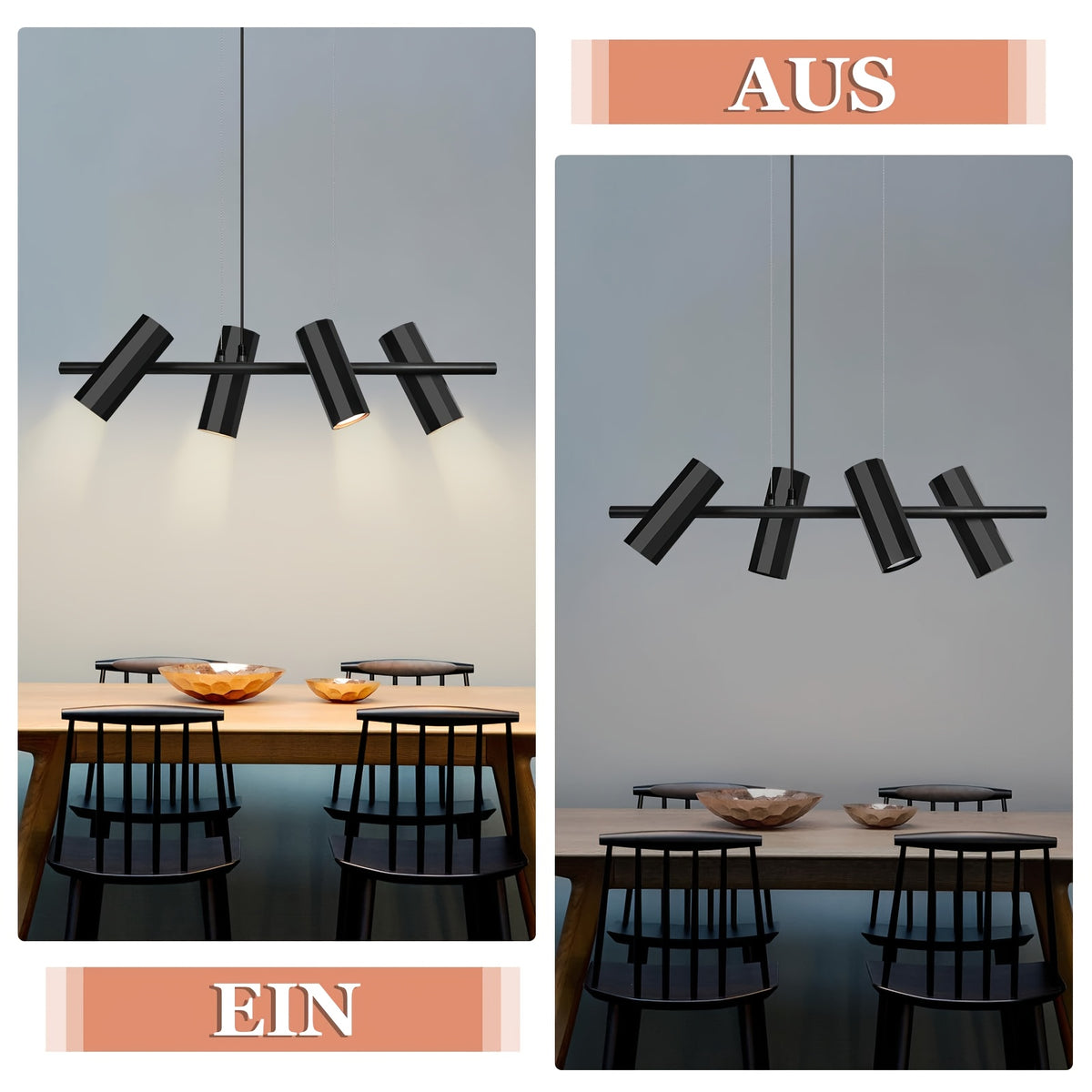 Suspension 4 spots orientables GU10 en métal noir, barre 66 cm