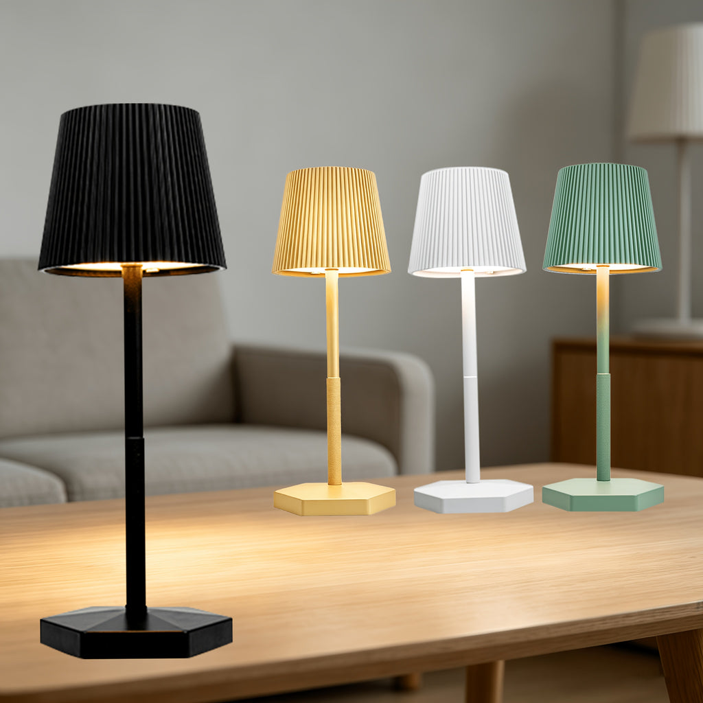 Lampe de table sans fil à abat-jour plissé, socle hexagonal tactile