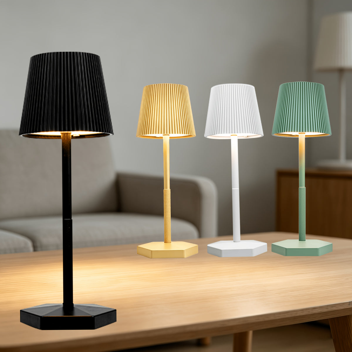 Lampe de table sans fil à abat-jour plissé, socle hexagonal tactile