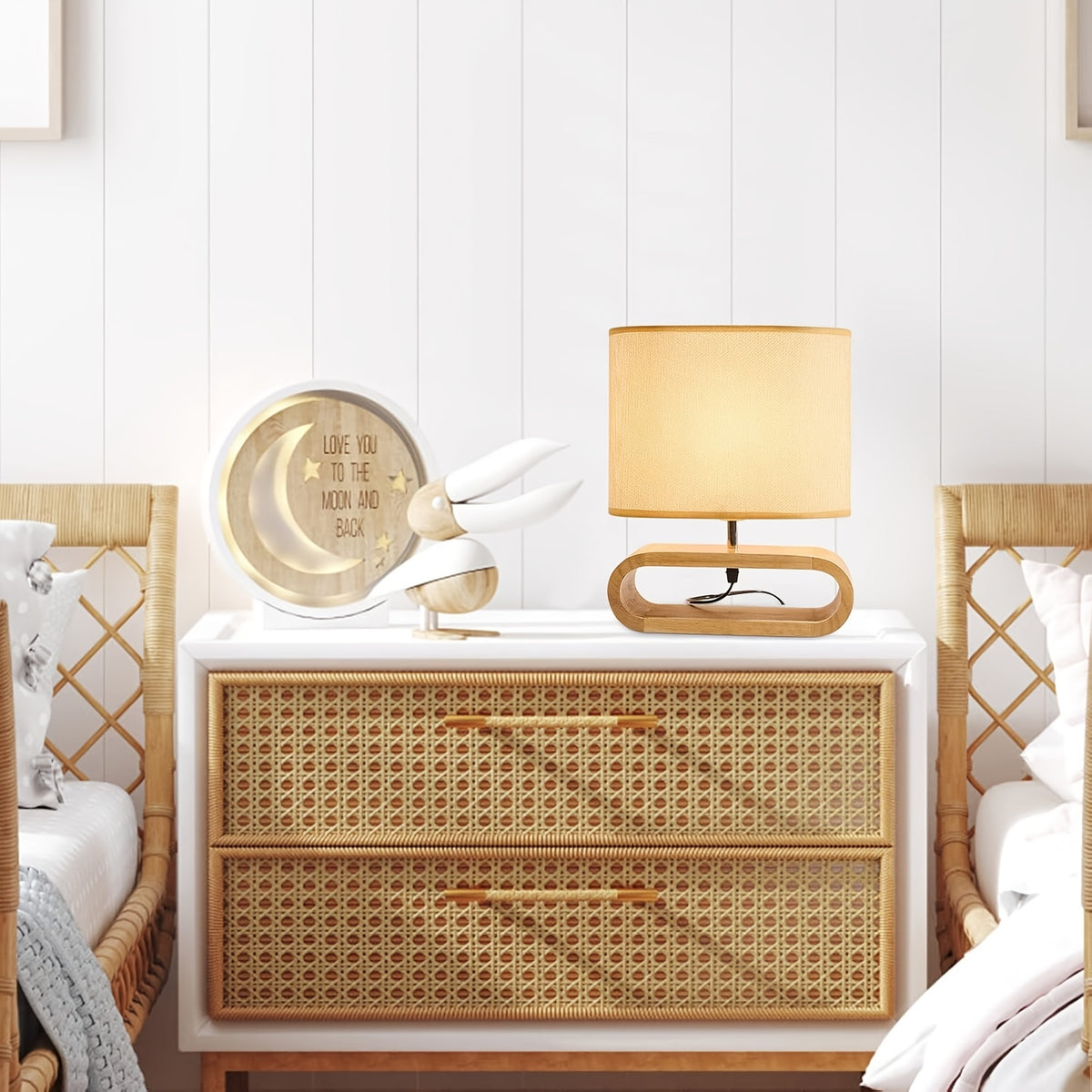 Lampe de chevet socle ovale en bois et abat-jour en lin, USB