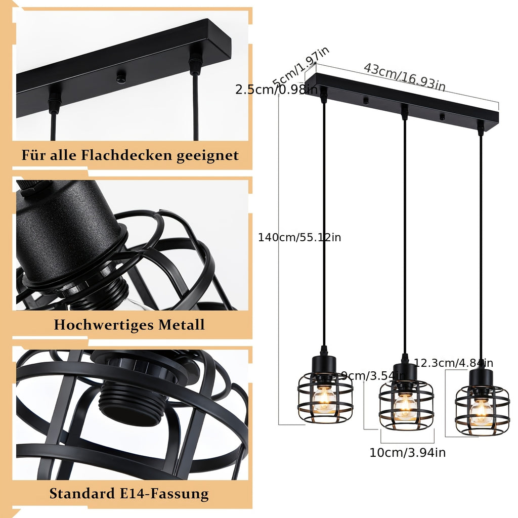 Suspension cages en métal noir E14, 1 lumière ou 3 en grappe