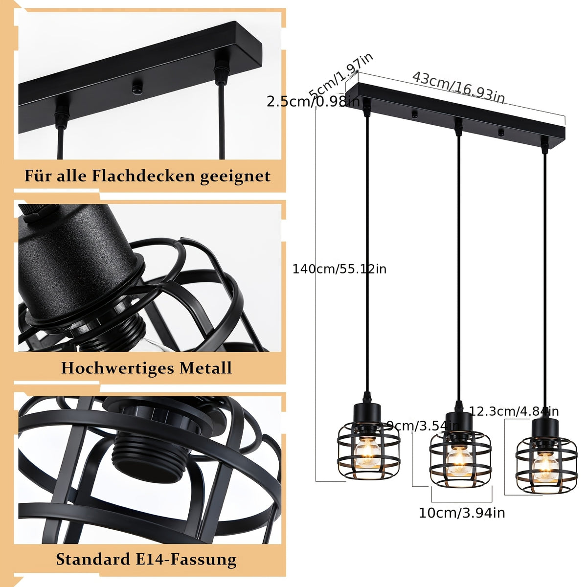 Suspension cages en métal noir E14, 1 lumière ou 3 en grappe