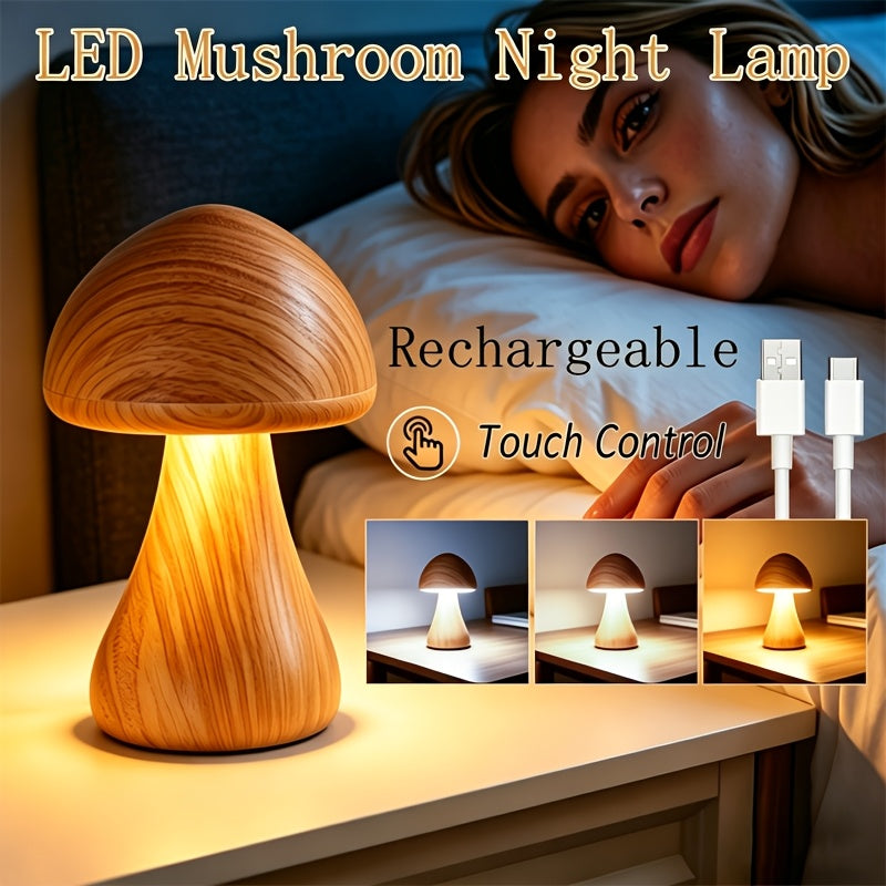 Lampe champignon effet bois, veilleuse tactile rechargeable 17 cm
