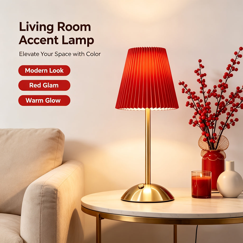 Lampe de chevet sans fil rouge, abat-jour plissé et pied doré