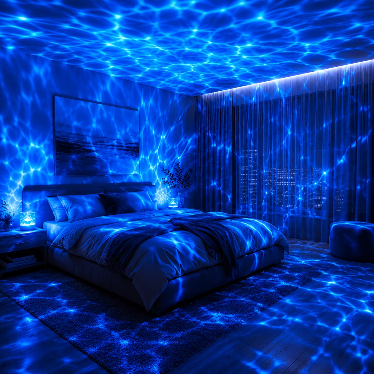 Lampe d'ambiance à reflets d'eau, cylindre ciselé et télécommande