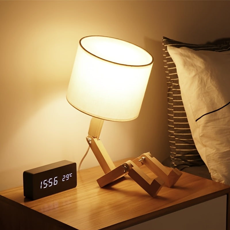 Lampe de chevet robot en bois articulé, abat-jour en lin ivoire