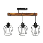 Suspension 3 cages noires sous poutre en bois foncé, 52 cm
