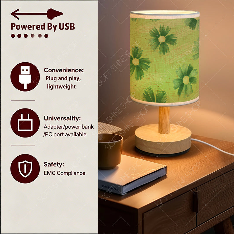 Petite lampe de chevet USB à marguerites vertes, abat-jour tissu