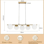 Suspension 5 globes en verre blanc laiteux sur barre dorée, 90 cm
