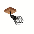 Plafonnier cages géométriques noires sur socle effet bois, 2 ou 4 E14