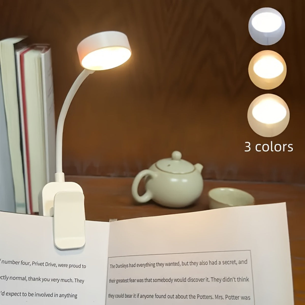 Lampe de lecture à pince blanche à tête ronde, sur piles, 22,5 cm