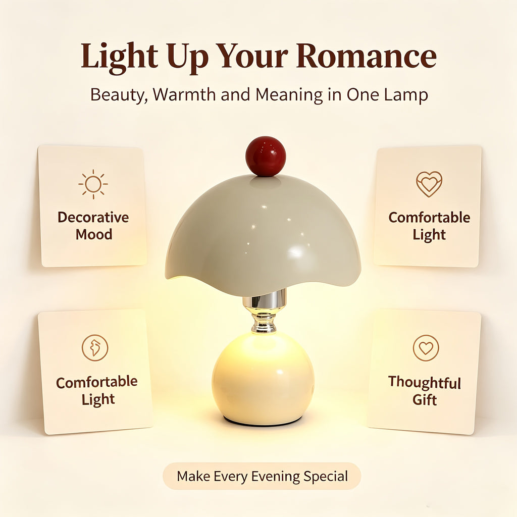 Lampe champignon crème en métal, chapeau ondulé et bouton rouge