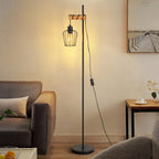 Lampadaire vintage deux cages et bras en bois, cage au choix