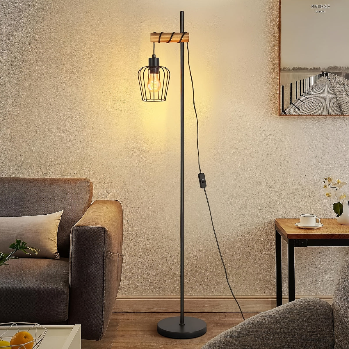 Lampadaire vintage deux cages et bras en bois, cage au choix