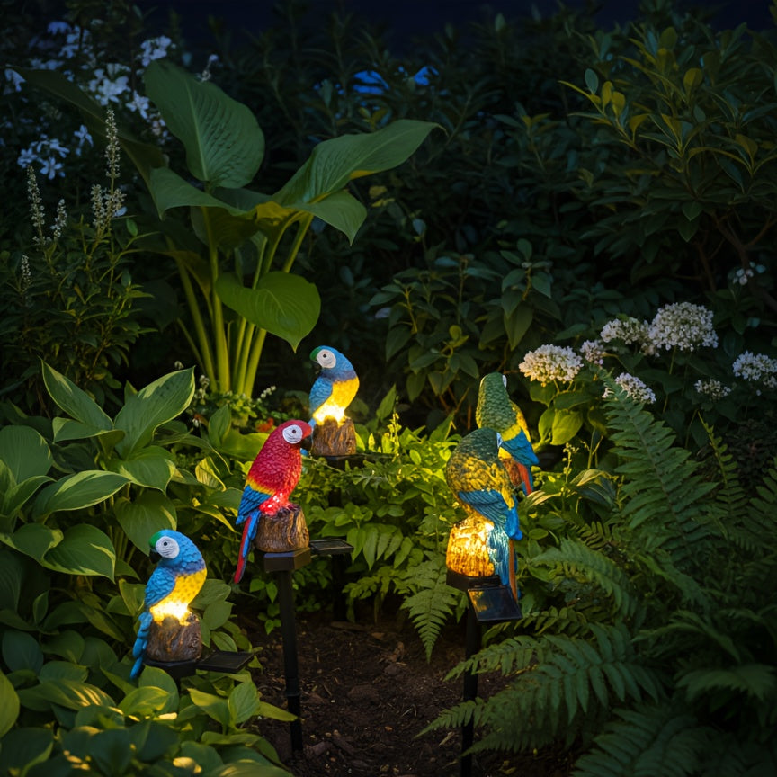 Lampe solaire perroquet en résine aux couleurs vives