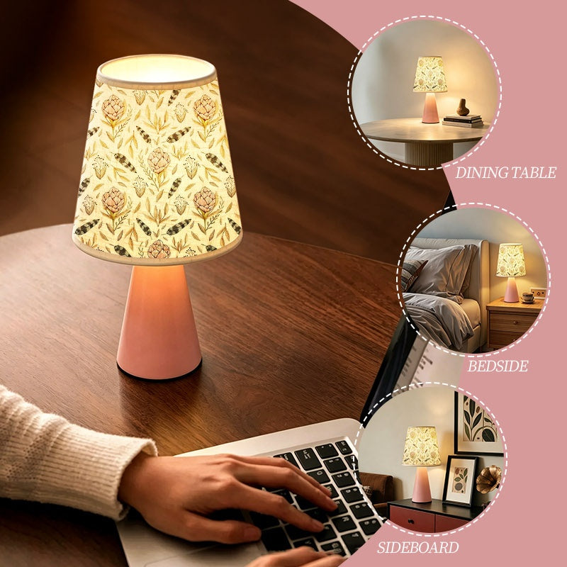 Lampe de chevet rose à motif protea, plumes et feuillage, USB