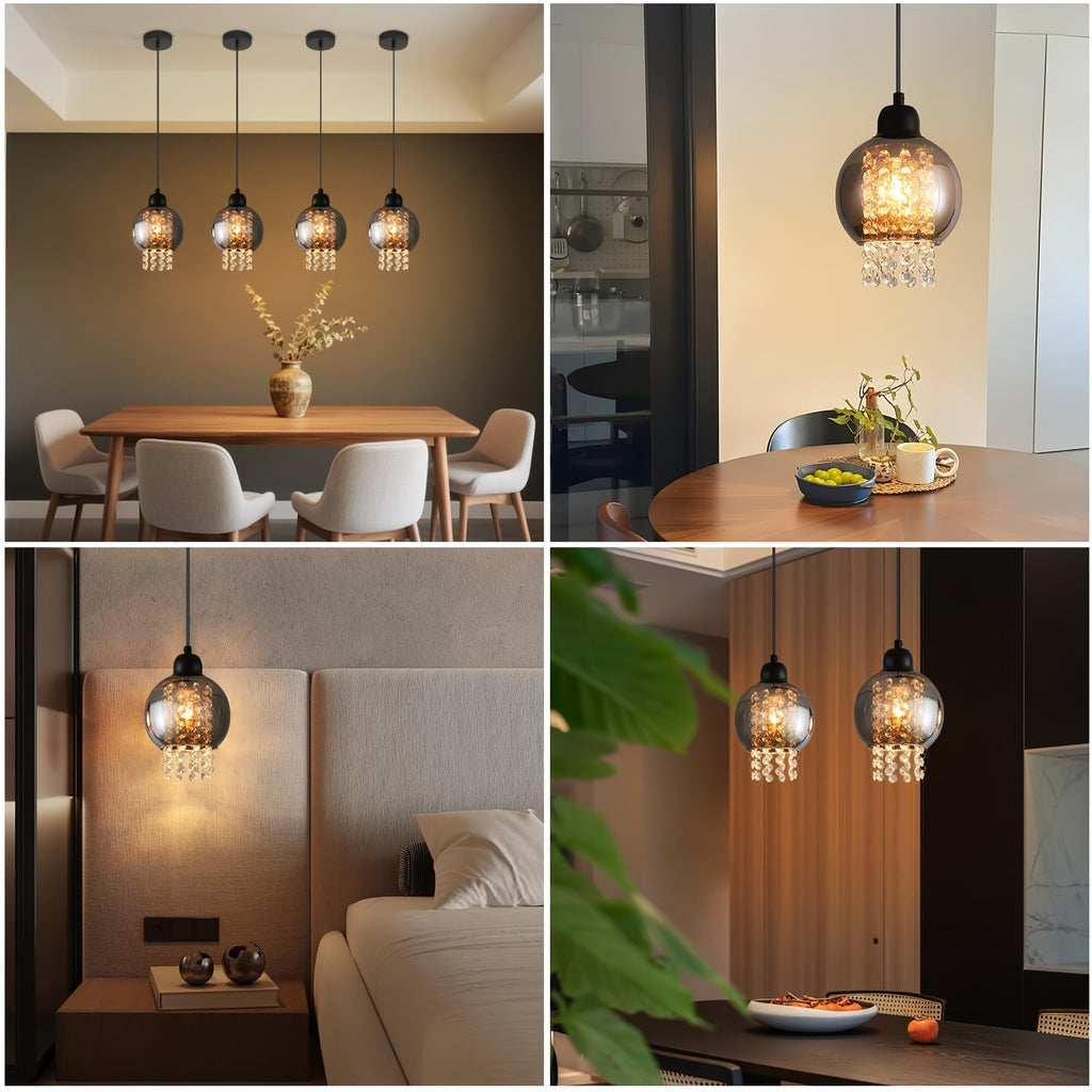 Suspension globe en verre fumé et pampilles transparentes, E27