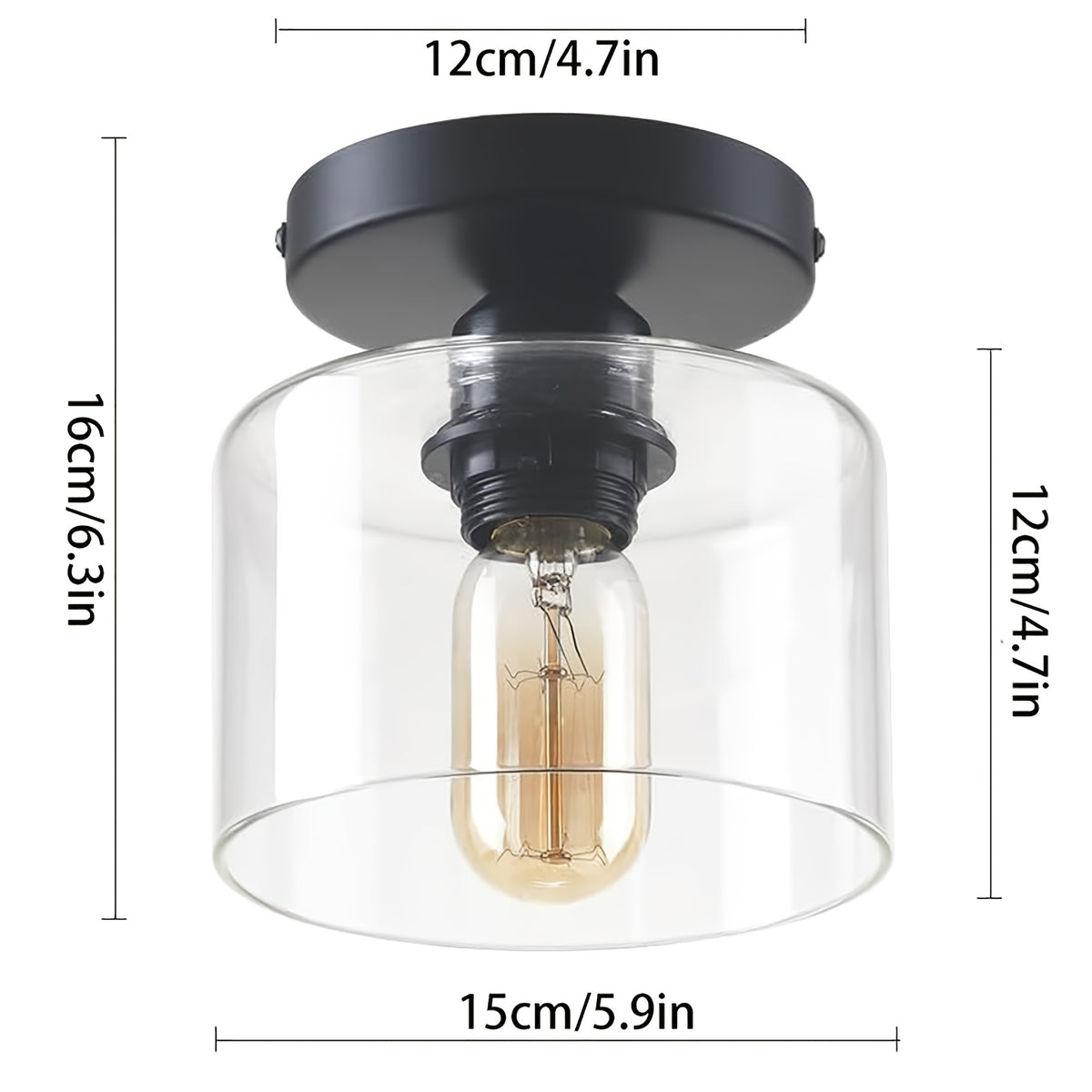 Lot de 2 mini plafonniers en verre transparent, embase noire 15 cm