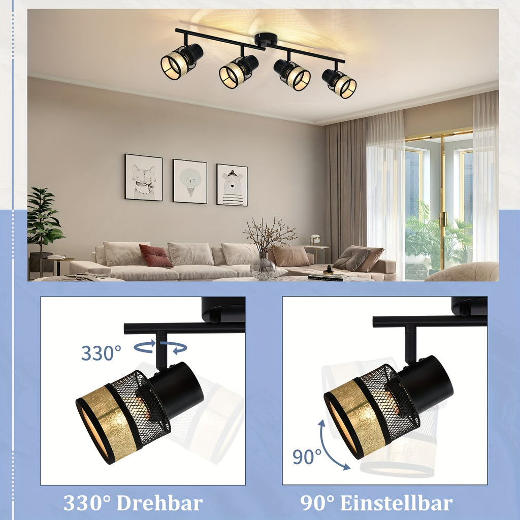 Plafonnier à spots orientables noir et tissu doré, 2 à 4 lumières E27
