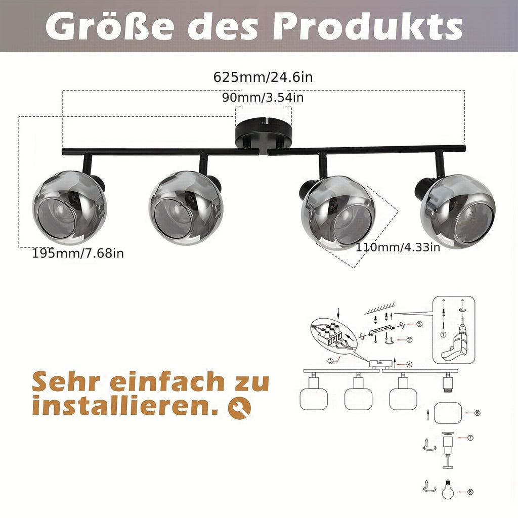 Plafonnier spots orientables 2, 3 ou 4 globes en verre fumé, E14