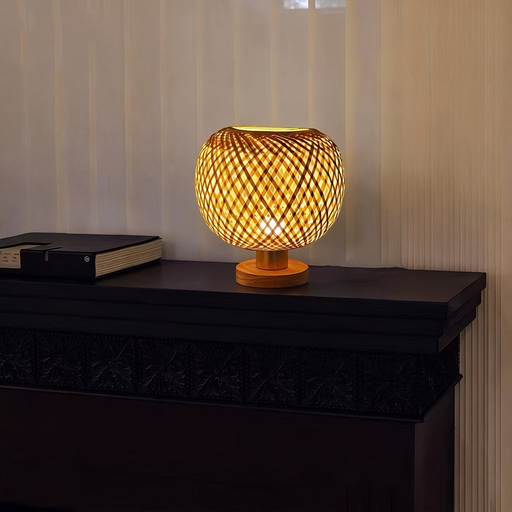 Lampe de chevet boule en bambou tressé croisé, 22 cm, câble USB
