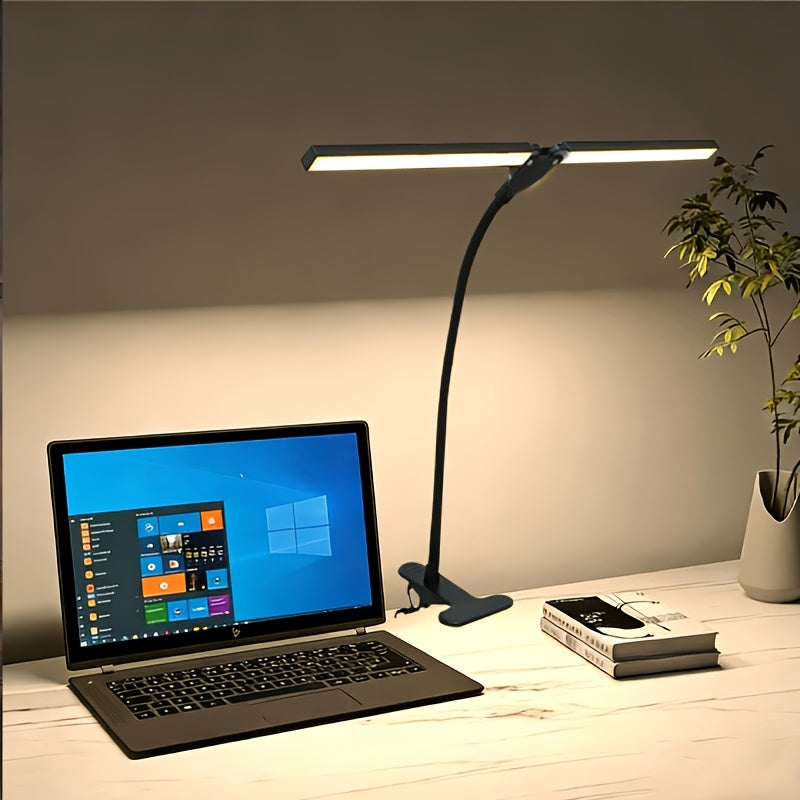 Lampe de bureau à pince double barre noire, interrupteur sur câble