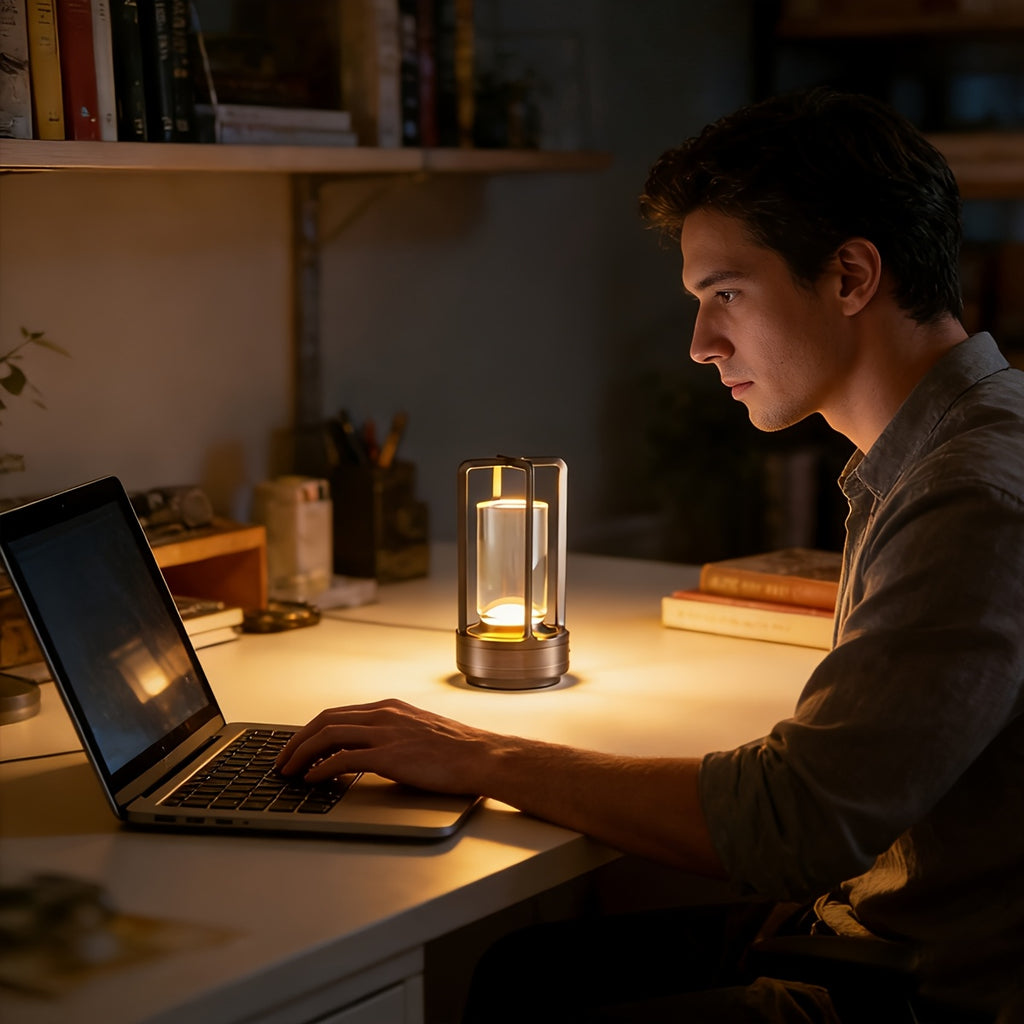 Lampe lanterne sans fil rétro, cylindre transparent et cadre métal